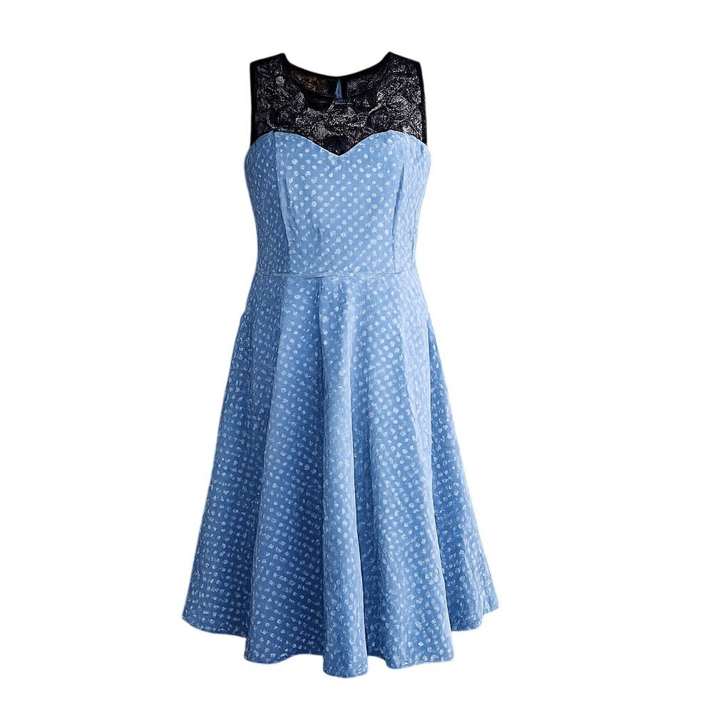 Retro Blue White Polka Dot Fit & Flare Dress Black Lace Yoke Bbonlinedress Sz XL